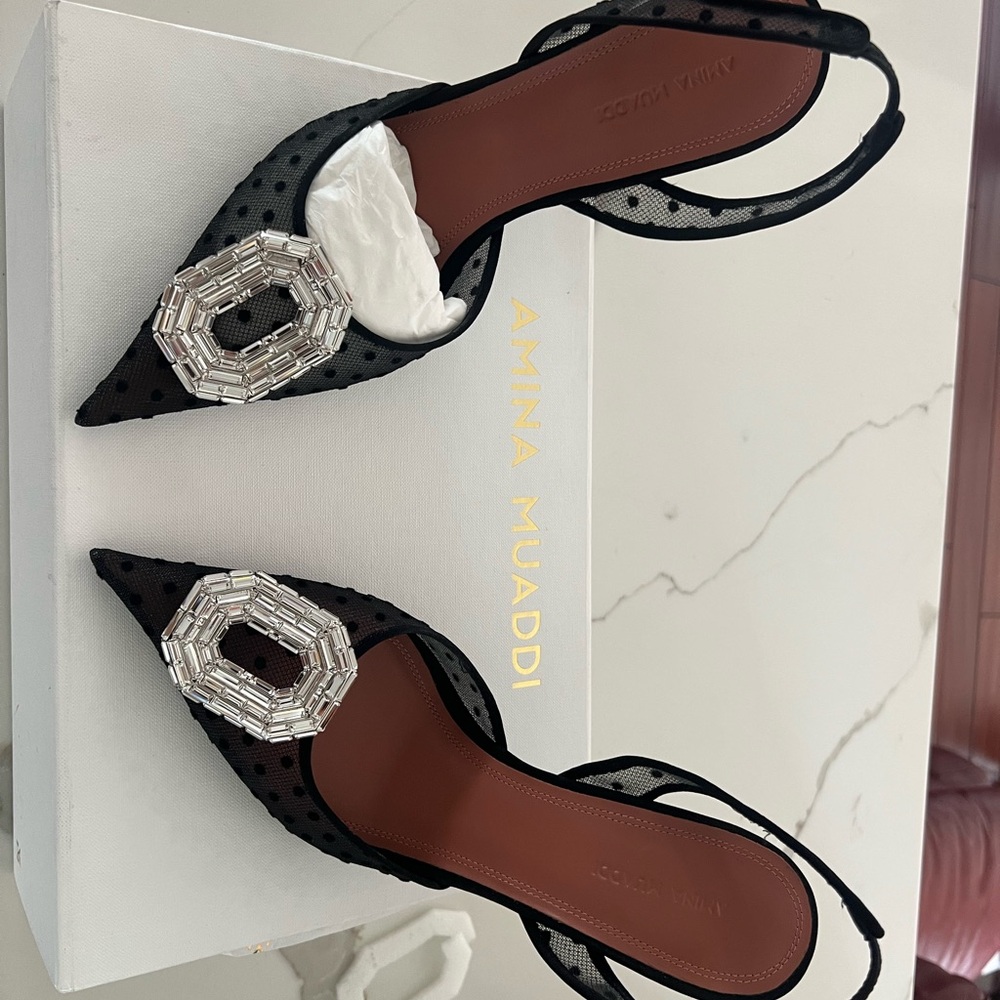 Amina Muaddi Black Polka-Dot Mesh Slingback Flats with Crystal Octagonal Buckle